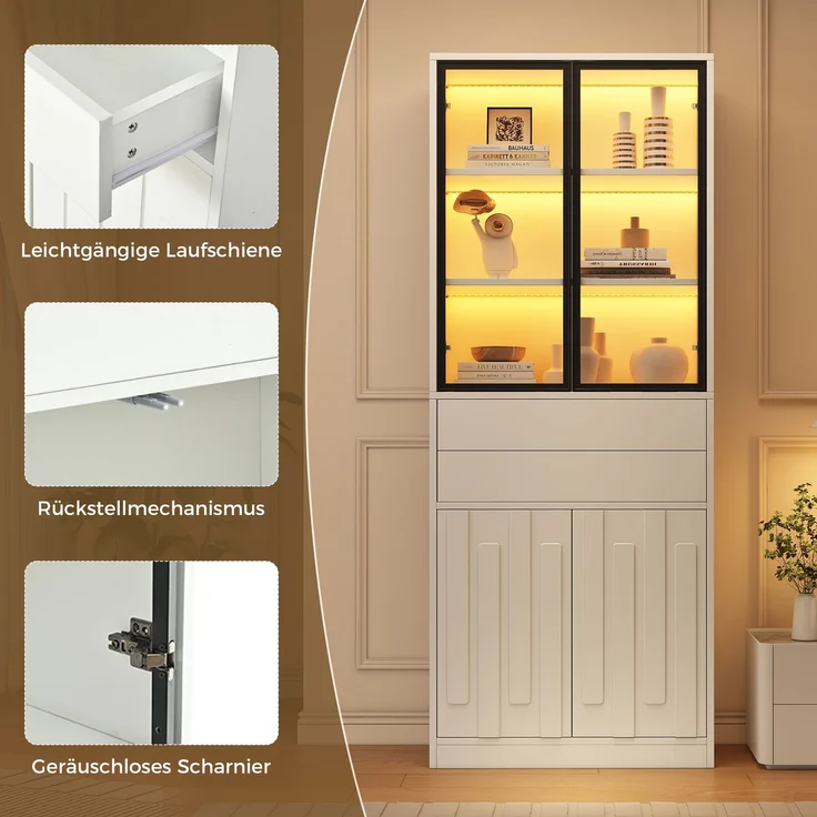 70×34×180cm LED Display Vitrine mit 2 Schubladen , Hochschrank mit Glasschranktüren, Hochschrank Glasvitrine mit LED ,Wohnzimmerschrank mit Glastüren, Küche, Arbeitszimmer, Eingangsbereich,Weiß – Bild 6