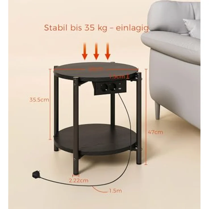 IRONCK Beistelltisch rund, Couchtisch mit Steckdose, Kleiner Tisch Holz, Wohnzimmertisch 2 Ablagen,Sofatisch,USB & Type-C-Anschluss, Metallrahmen, Nachttisch für Schlafzimmer (Schwarz, 1 Stück) – Bild 3