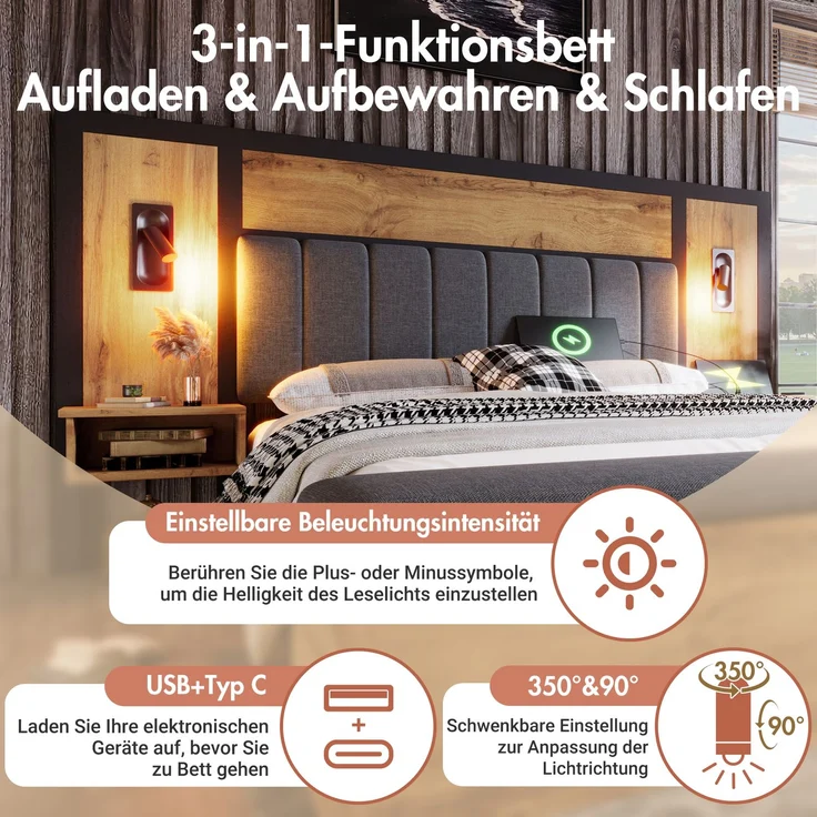 EINHOM Doppelbett Polsterbett 160 x 200 cm, Bettanlage mit Leselampe und USB C Nachttisch und Sitzbank mit Stauraum, Bettgestell mit Lattenrost aus Metall, Holz und Leinen, Eiche, (Ohne Matratze) – Bild 5