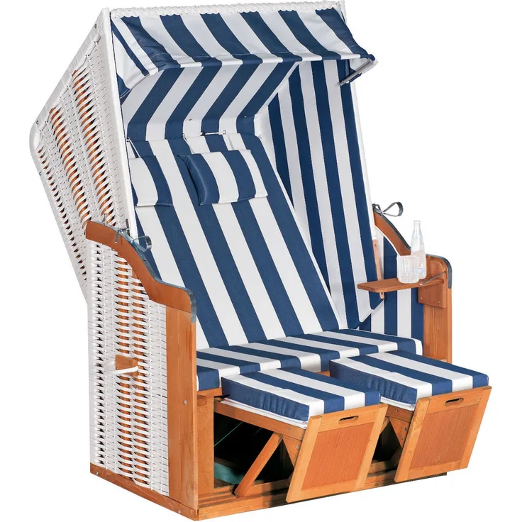SunnySmart Garten-Strandkorb Rustikal 50 PLUS 2-Sitzer weiß/blau mit Kissen
