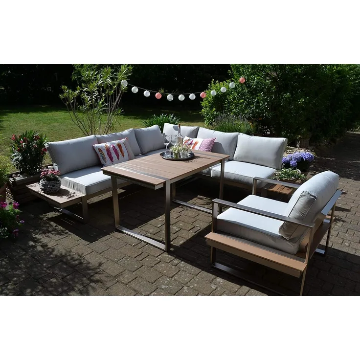 Dining Ecklounge Atlanta im Edelstahl/Teak Look - Polsterfarbe beige