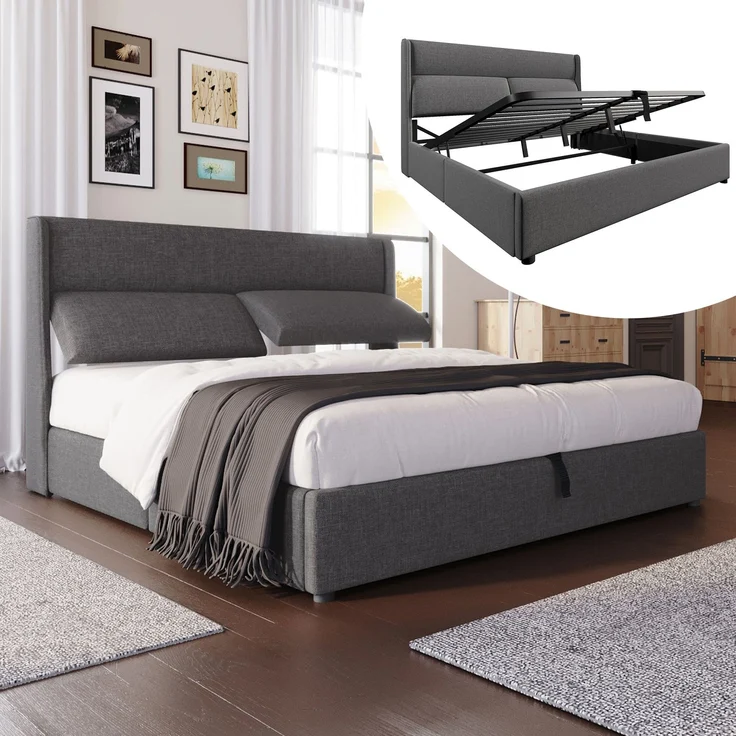 TavilaEcon Boxspringbett Hydraulisches Stauraumbett mit dreifach verstellbare Kopfstütze grau Liegefläche 160 × 200 cm – Modell AB20059192G – Bild 1