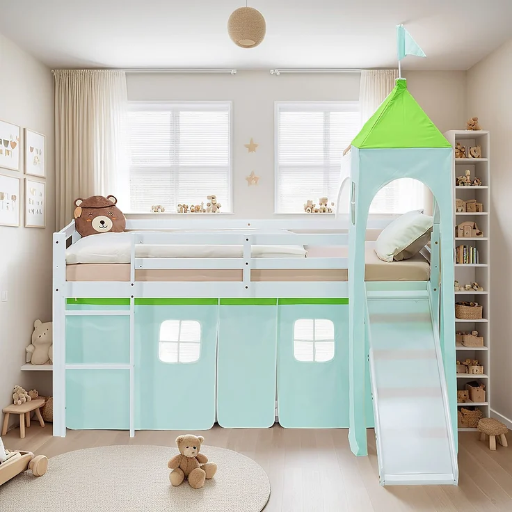 Hochbett Kinder 90x200 cm mit Rutsche Lattenrost Kinderbett Kinderhochbett Stockbett Vorhang Turm Grün – Bild 9