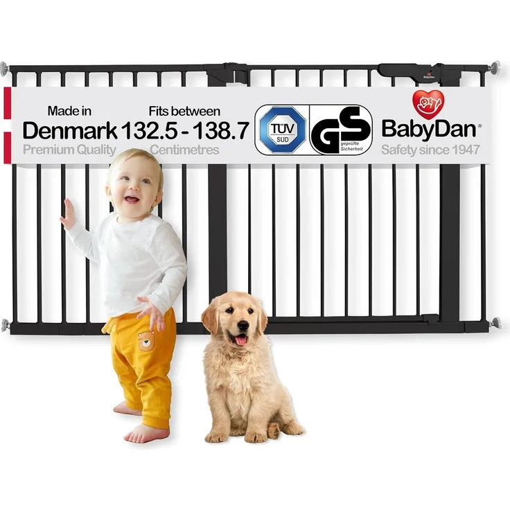 BabyDan Premier, extra breites Druckschutzgitter für Treppenschutz, deckt Öffnungen zwischen 132,5-138,7 cm ab, Babygitter/Sicherheitsgitter, Metall, schwarz, hergestellt in Dänemark -