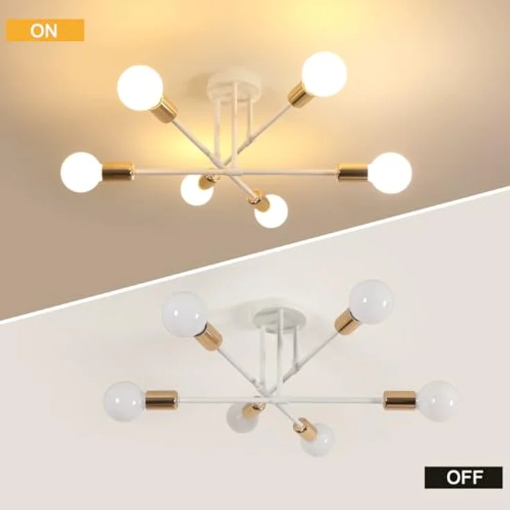 Deckenleuchte Vintage, 6 Flammig E27 60 cm Deckenlampe Sputnik Kronleuchter Modern für Wohnzimmer Esszimmer Küche Flur, Weiß & Gold Max. 60 W (Ohne Glühbirnen) – Bild 5