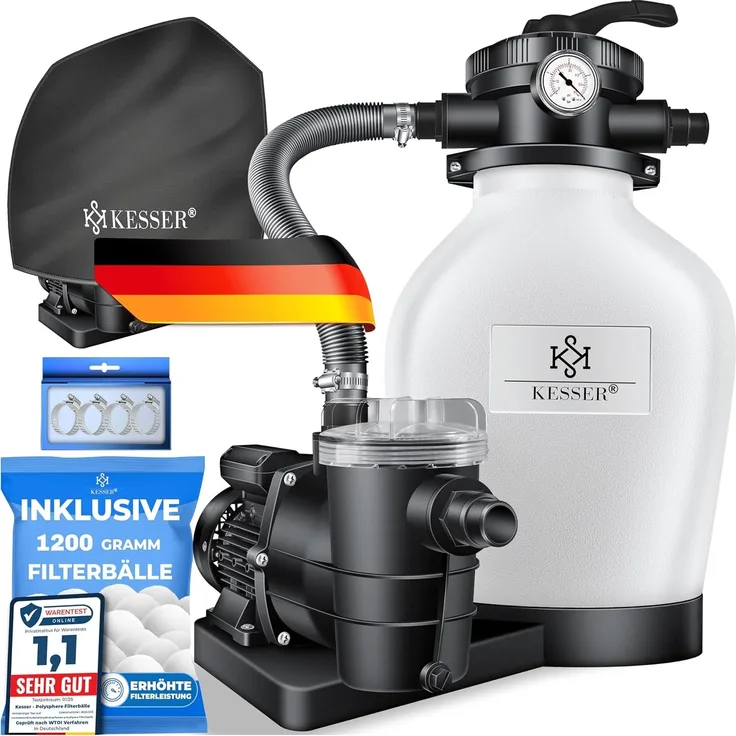 KESSER Sandfilteranlage 600W Sandfilter für Pools 13200L/h Durchfluss Poolfilter 7-Wege Ventil (Filteranlage mit Pumpe, 1200g Filterbälle Druckmanometer, Abdeckung), Tankvolumen für bis 30kg Sand Professionelle Poolwasserfilterung