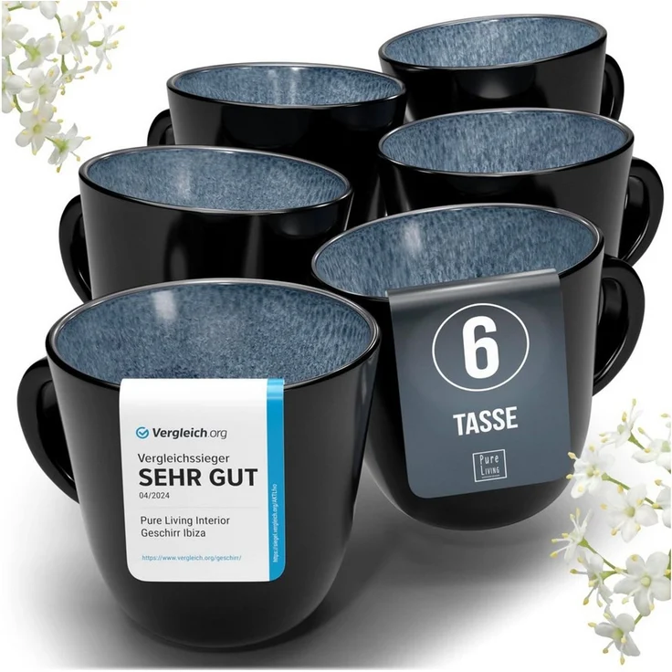 Steingut Kaffeetassen 6 Pers. Ibiza Hochwertiges Mediterranes TEST SEHR GUT Tassen Set, Spülmaschinen-, Mikrowellen- und Kratzfest - Stylisches Tee- und Kaffeebecher Set - Pure Living in Rauchblau – Bild 1