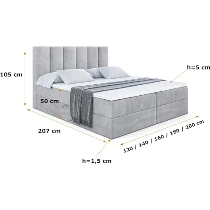 ALTDECOR Boxbett, Hellgrau, 180x200 cm, mit Bettkästen und Topper, mittlere Härte H3, 20 cm hoch, für Schlafzimmer – Bild 2