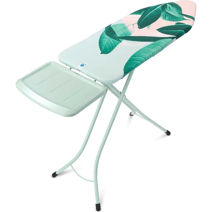 Brabantia Streckmetall Bügeltisch mit Dampfstationsablage Solide, Bügel Tisch, Bügelbrett, Tropical Leaves / Mint, 124x45 cm, 118487