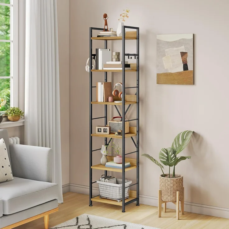 YITAHOME Bücherregal mit 6 Ebenen, Industrielles Standregal, Metallrahmen und Holzregale, Hohes Lagerregal mit 4 Haken, Präsentationsorganizer, für Wohnzimmer, Heimbüro, Eichenfarbe Regal – Bild 1