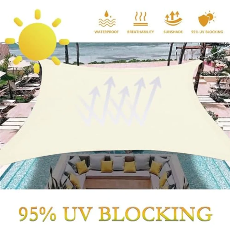 Dripex Sonnensegel wasserdicht Sonnenschutz Set 4X6 m inkl Befestigungsseile Rechteckig Polyester Imprägniert 95% UV Schutz Windschutz Wetterschutz für Balkon Garten Terrasse - Cremeweiß – Bild 3