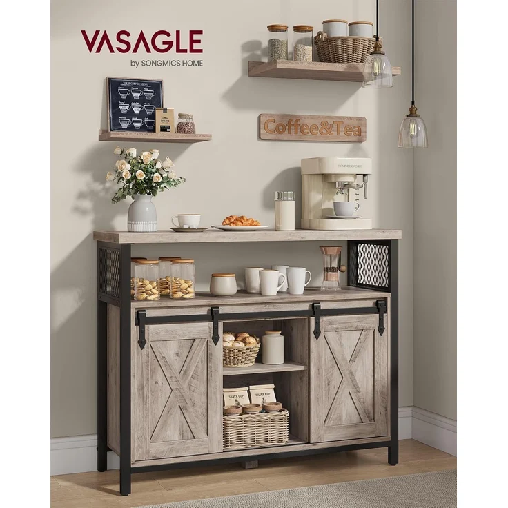 Vasagle Sideboard mit 2 Schiebetüren und verstellbaren Ablagen, Spanplatte, 33 x 100 x 80 cm, Greige / Schwarz – Bild 2