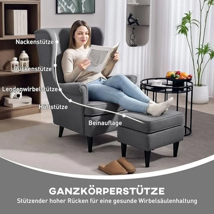 HOMCOM Relaxsessel Ohrensessel mit Hocker, Polsterstuhl mit Liegefunktion (Polstersessel mit hoher Rückenlehne aus Stoff, 2-St, TV-Sessel für Schlafzimmer, Wohnzimmer), 83 x 75 x 104 cm, Grau – Bild 4