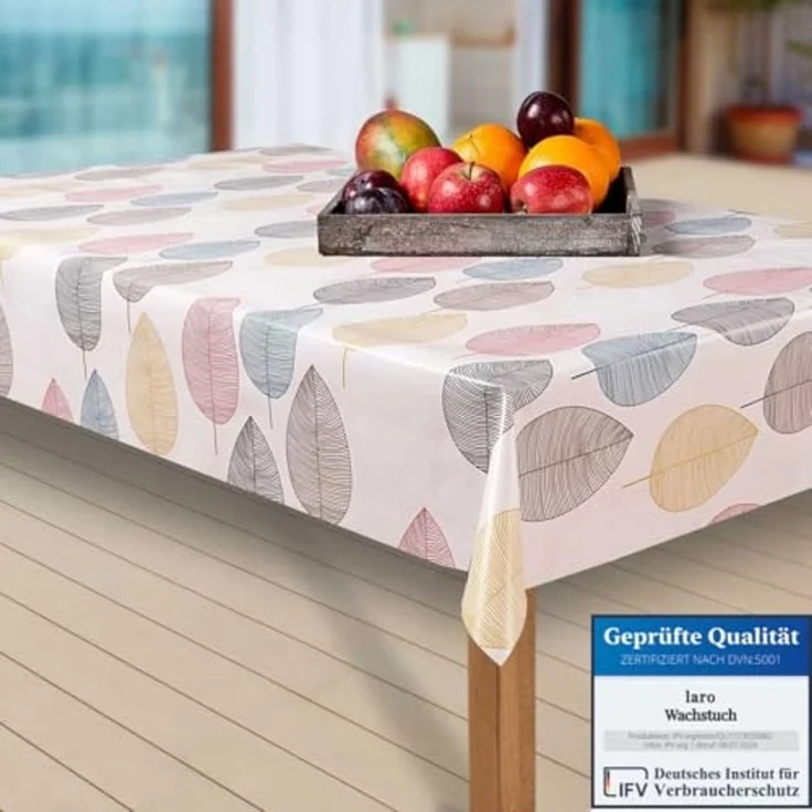 laro Tischdecke Wachstuch-Tischdecken Abwaschbar Blätter. bunt/weiß rechteckig – Bild 1