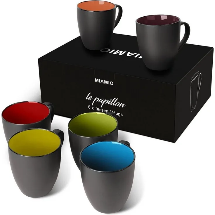 MiaMio Tasse MIAMIO - 6 x 350 ml Kaffeetassen Set Außen Schwarz Innen Farbig