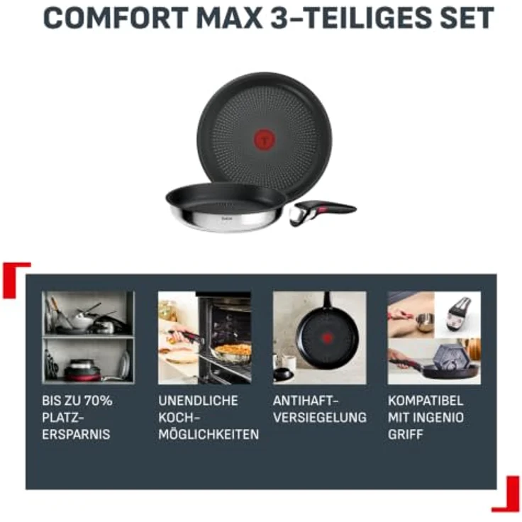Tefal Ingenio Comfort Max 3-tlg. Pfannen-Set, Titanium Antihaftversiegelung, stapelbar, platzsparend, Thermo-Signal, für alle Herdarten, sicherer Griff, mühelose Reinigung, Edelstahl, L966S344 – Bild 3