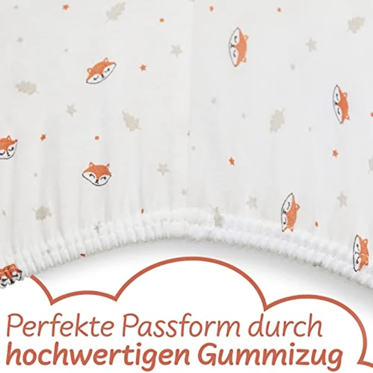 Koru Kids Spannbettlaken Motiv Fuchs, passend zu Kinderbettwäsche Fuchs, 100% Baumwolle, Gummizug: Rundum-Gummizug, (2 Stück), Liebevolles Design mit kleinen Füchsen und Sternchen – Bild 5
