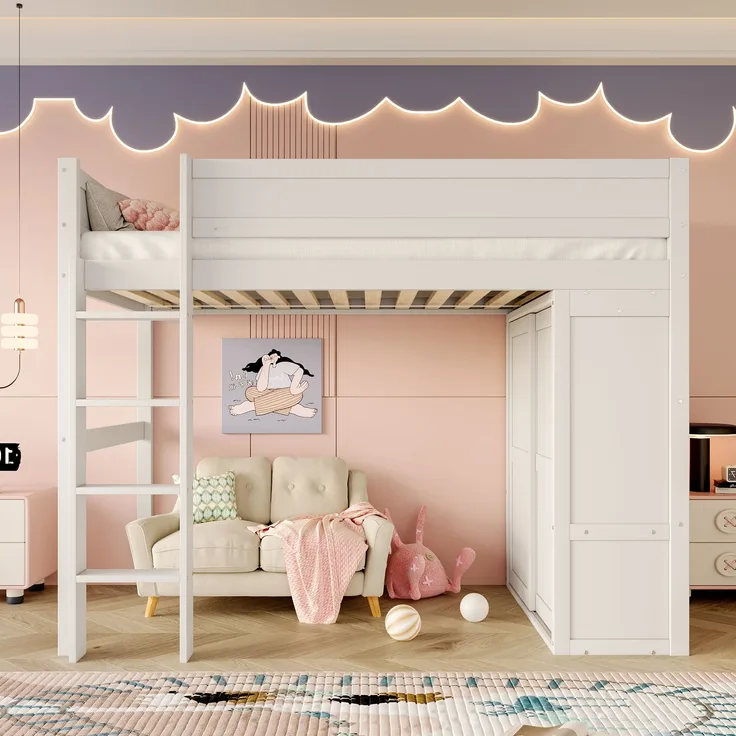 Bett 90x200 cm Hochbett mit Kleiderschrank und Staufach – stabiles Kinderhochbett aus Kiefernholz, weiß