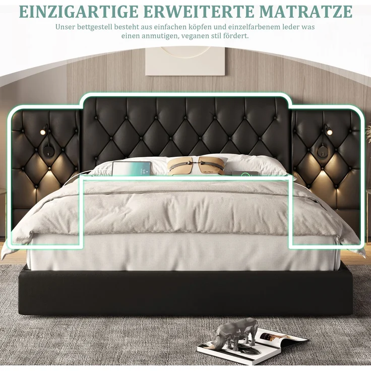 Polsterbett, PU-Leder mit USB-Anschluss, Leselampen & Stauraum, 160x200 cm, Schwarz, ohne Matratze – Bild 7