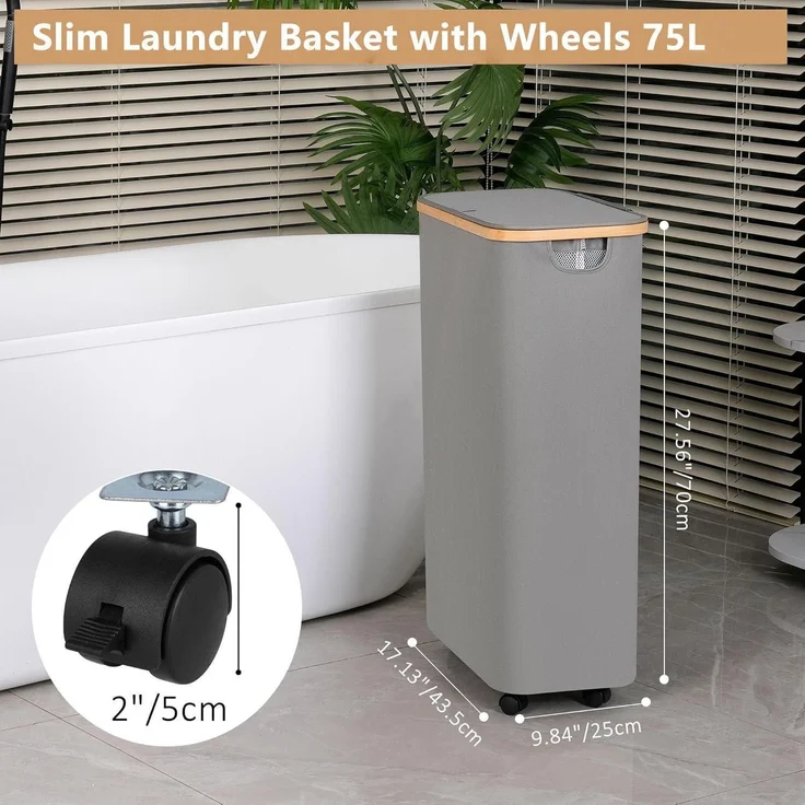 iEGrow Wäschekorb mit Rollen 75L, Grau, Deckel, Bambusgriffe, Herausnehmbarer – Bild 2