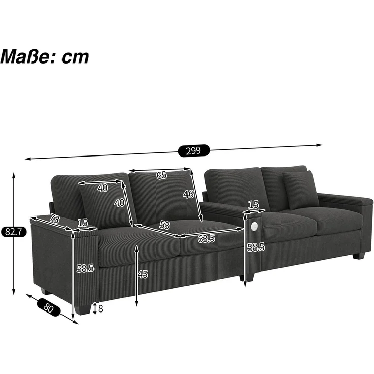 Big-Sofa mit Mehrfachsteckdosen und Stauraum, USB und Type-C, 4-Sitzer, inkl. loser Rückenkissen, Cord Bezug – Bild 5
