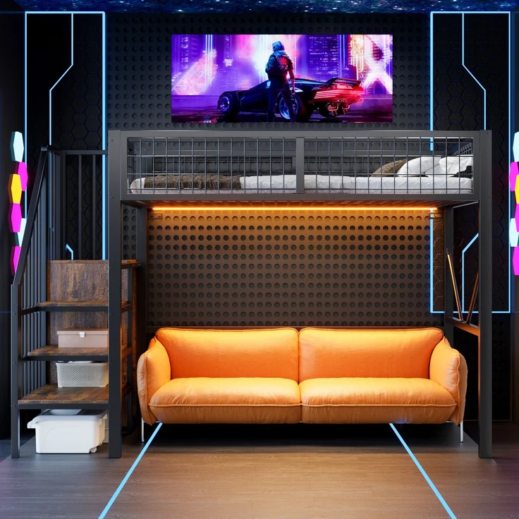 EINHOM Metall-Hochbett 90 x 200 cm, Bettgestell Inklusive Leiter und Stauraum, LED-Beleuchtung, Sicherheitsgeländer aus Metallgitter. Schwarz (Ohne Matratze) – Bild 3