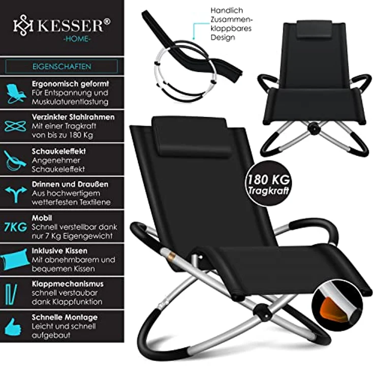 KESSER® Relaxliege Liegestuhl | Gartenliege Sonnenliege | Gartenstuhl | Klappstuhl faltbar | Schwungliege | Schaukelsessel | ergonomische Relaxsessel | wetterfest | 180 kg Belastung Schwarz – Bild 4