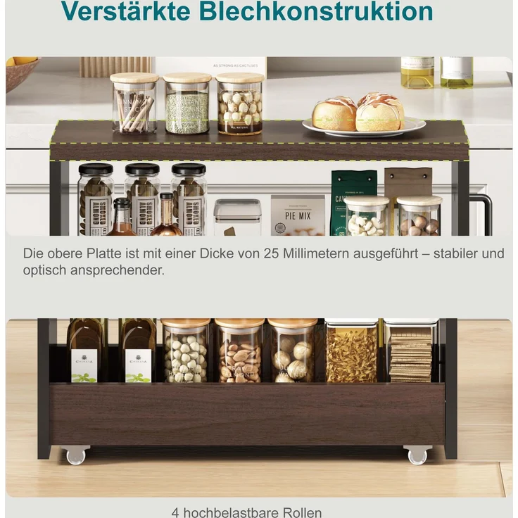 Slim Storage Cart, Schlanker Schrankwagen auf Rollen, 20cm schmaler Küchenschrank mit 4 verstellbaren Regalen, Schwarz mit brauner Holzoptik, 55x20x85cm, für Küche & Bad--Schwarzbraun--55x20x85cm--YOUDENOVA – Bild 4