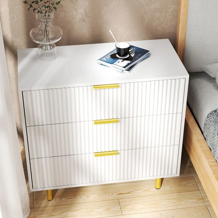 Flieks Kommode 3 Schubladen, Sideboard weiß gold, geriffelte Front modern, H72×B80×T40 cm, Aufbewahrungsschrank, MDF – Bild 3