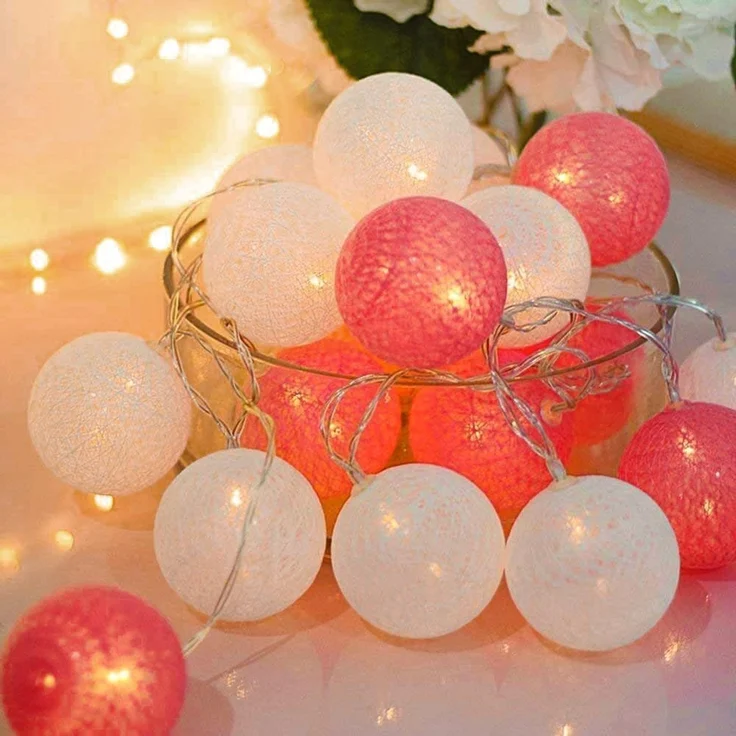 LED Lichterkette mit 20 Baumwollkugeln, Rosa Lichterketten Cotton Ball Nachtlicht Hochzeit Weihnachten Mädchen Kinderzimmer Innen Deko