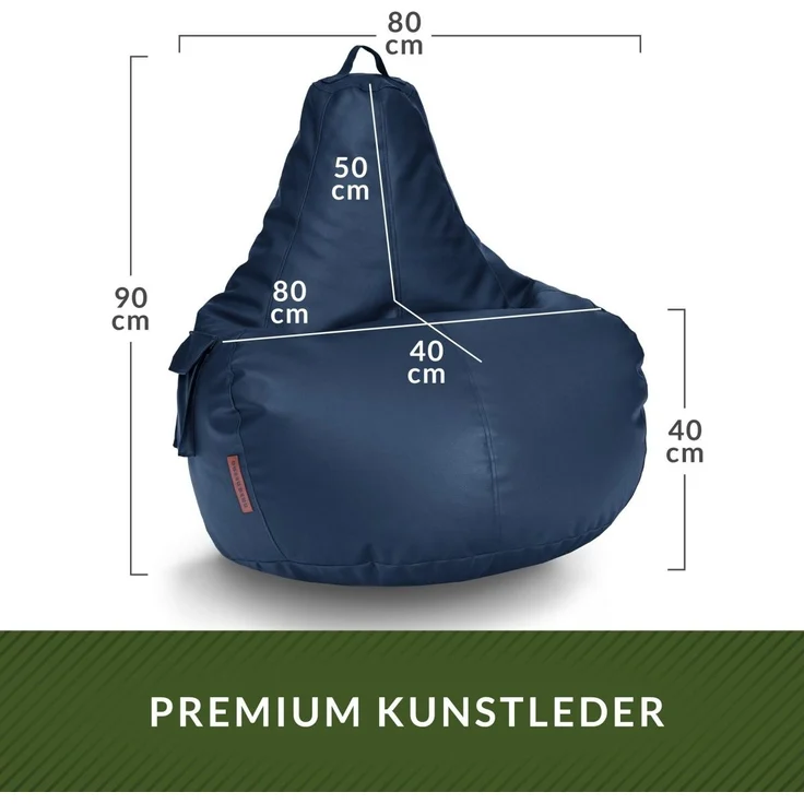 Green Bean® Sitzsack aus Kunstleder mit EPS Perlen Füllung - 90 x 80 x 70 cm - Bean Bag - Gaming Chair Rückenlehne - Dunkelblau – Bild 3