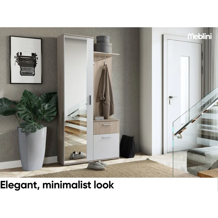 MEBLINI Garderobenschrank LUXOR 97cm - Sonoma Eiche - mit Spiegel - 97x30x195cm R/L - Garderobe Schrank - Flurgarderobe schmal - Garderobe Flur Möbel Set - Flurschrank hoch – Bild 3
