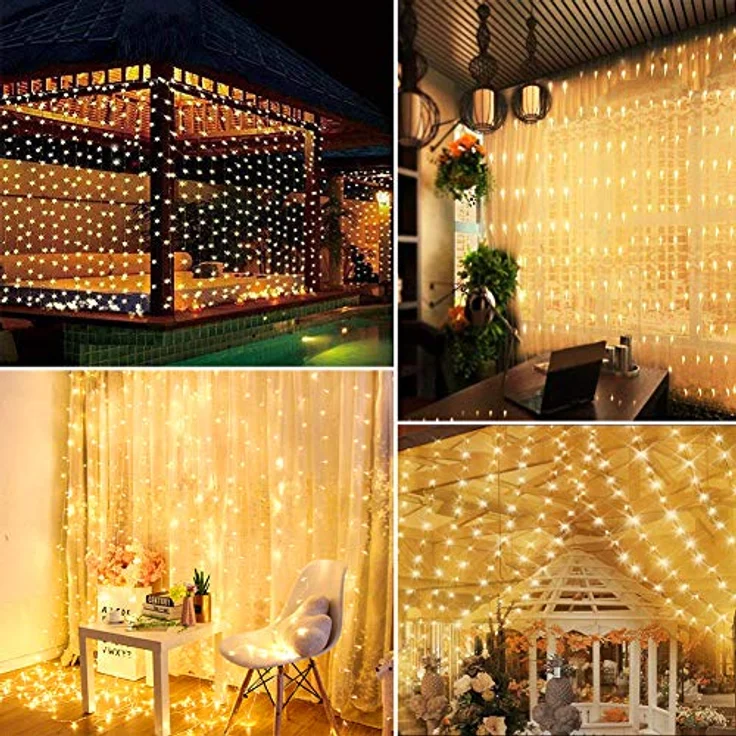 WEARXI Lichterkette, 3×3m Lichtvorhang mit 300 warmweißen LEDs, 8 Lichtmodi, USB-betrieben und dimmbar, IP65 wasserdicht – Bild 5