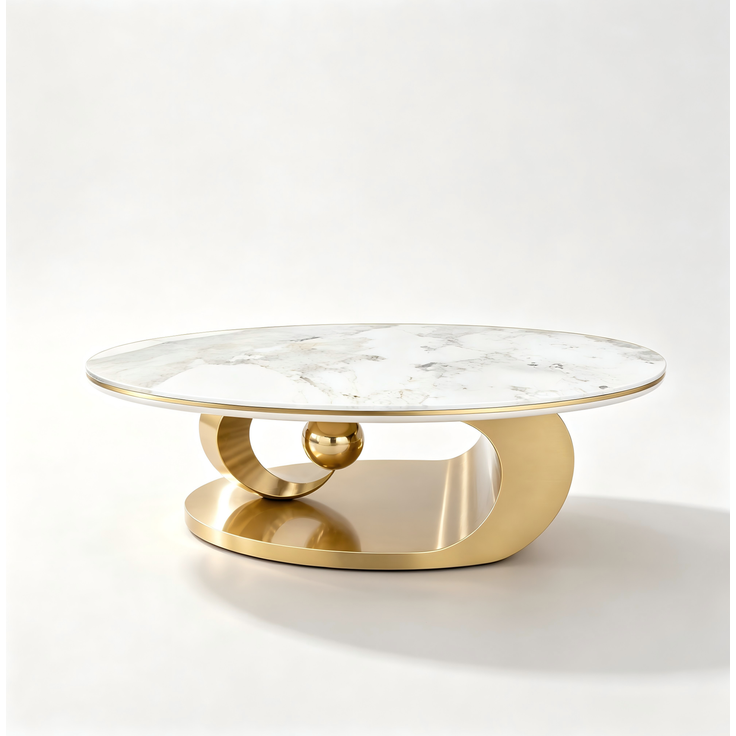 Ovaler Couchtisch mit Glasplatte in Marmoroptik, 120x67x45 cm, Gold/Weiß – Bild 6