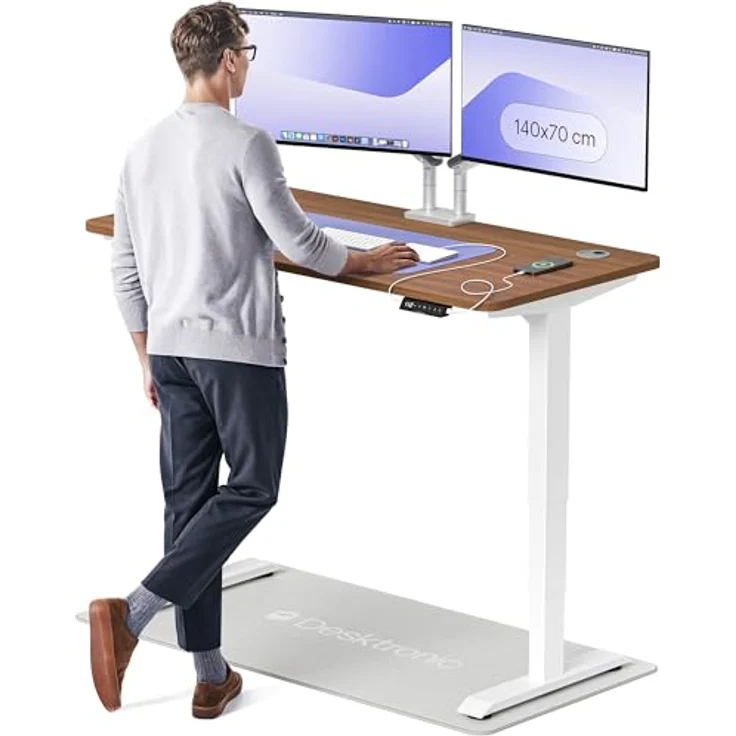 Höhenverstellbarer Schreibtisch - Höhenverstellbar Elektrisch mit Flüsterleisem Dual-Motor & Touchscreen - Hohe Tragfähigkeit - Stehtisch von Desktronic, Weiß + Nussbaum, 140x70 cm – Bild 2