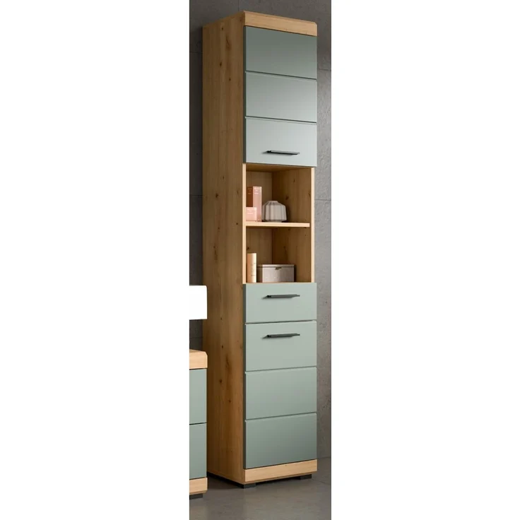 Badezimmer Hochschrank Shawn in grün und Eiche 37 x 191 cm – Bild 6
