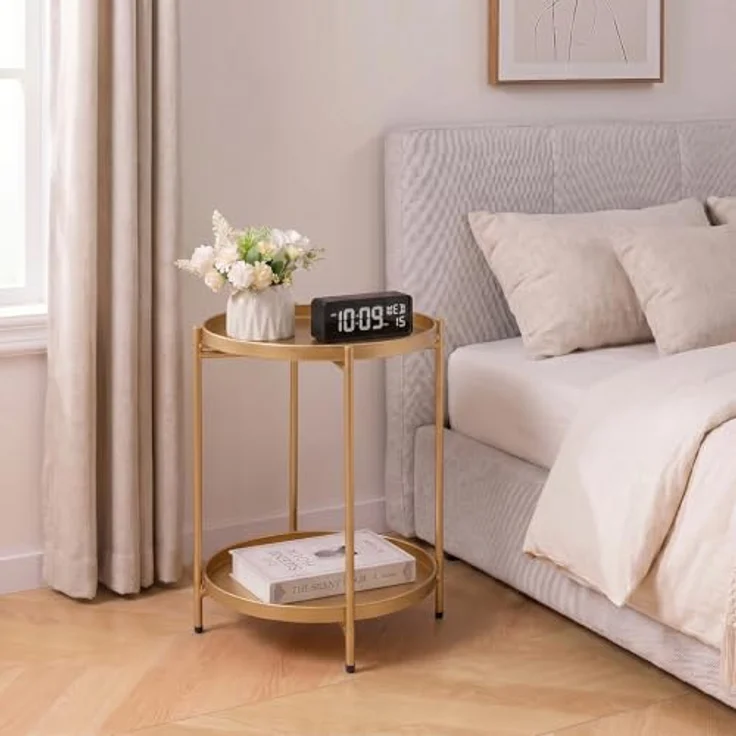 HollyHOME Beistelltisch Gold Rund Metall Balkontisch Klein Couchtisch Nachttisch Sofatisch 2 Ebenen Beistelltisch für Wohnzimmer Schlafzimmer Terrasse Outdoor – Bild 5