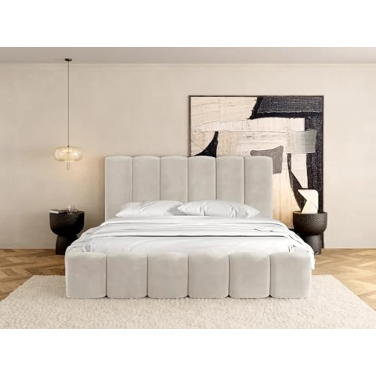 WFL Group Polsterbett, Beige, Holz, 20x200 cm mit integriertem Bettkasten und modernem Säulendesign – Bild 5