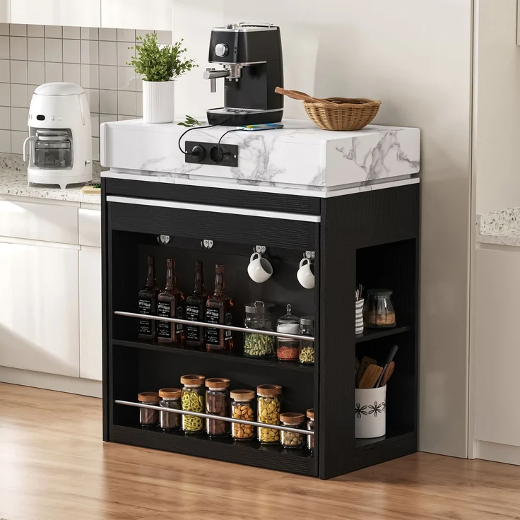 Merax Kücheninsel mit Rollen, Ausziehbarer Esstisch mit faltbarer Tischplatte, Bartisch mit Steckdosenleisten und Haken, dient als Kücheninsel, Sideboard oder Bartisch(Schwarz) – Bild 2