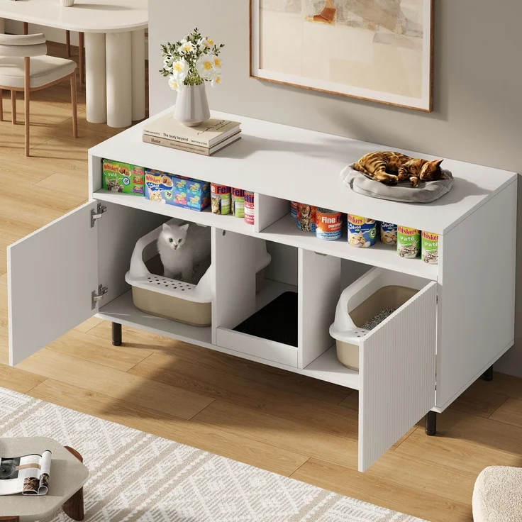 Katzentoiletten-Schrank/Katzenstreuwanne-Schrank mit Sandauffangmatte, Haustier-Schrank mit Ablage, Haustier-Sideboard/TV-Schrank, ohne Katzenstreuwanne, 120 x 50 x 66 cm, Weiß – Bild 2