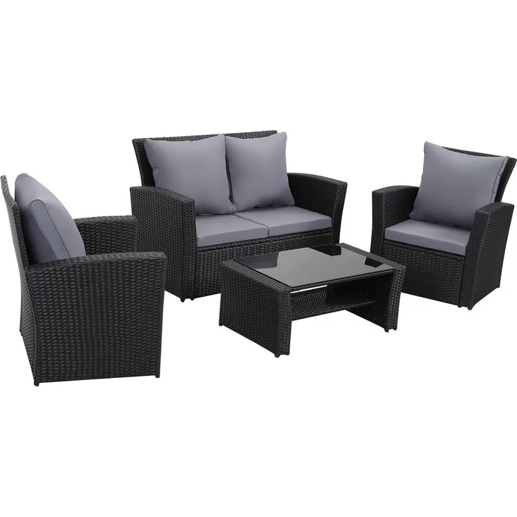 MeXo Gartenlounge-Set SGS zertifiziert, Gartenmöbel Set aus handgefertigtem Poly Rattan, (Sitzgruppe Balkonset, 4-tlg, 2-Sitzer Sofa, 2 Sesseln und Tisch mit Stauraum), Wetterfeste Lounge-Set für 4 Personen