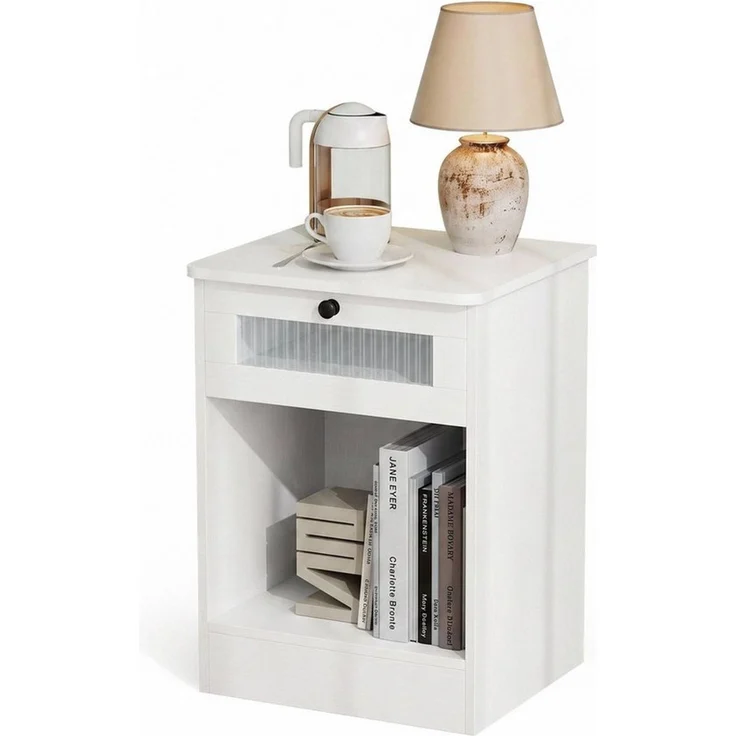 VOWNER Nachttisch mit Glasfront und Schublade, offenes Fach, Weiß, 45x40x60 cm (1-St), multifunktional als Beistelltisch für Schlafzimmer und Wohnzimmer – Bild 3