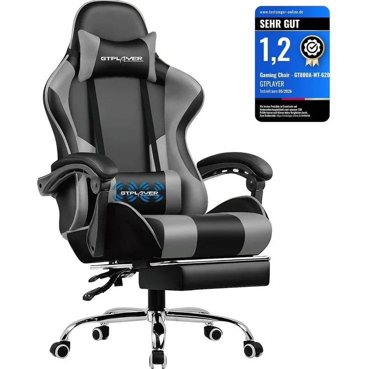 GTPLAYER Bürostuhl Gaming Stuhl Massage Gaming Sessel Ergonomischer Gamer Stuhl mit Fußstütze, Gepolstert Gaming Chair, Drehsessel 150KG, grau – Bild 1
