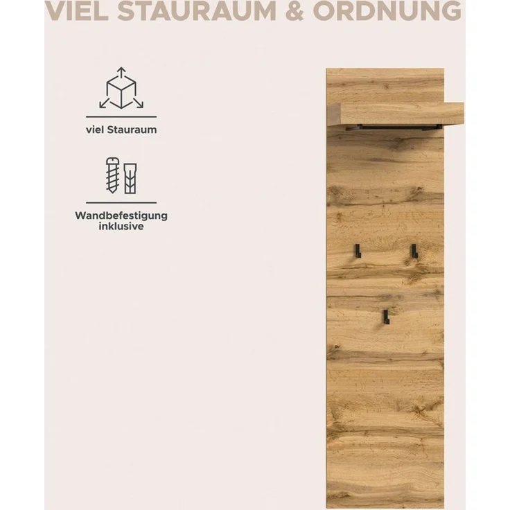 OTTO home Garderobenpaneel MAMBO II, Höhe 150cm, 1 Kleiderstange & Hutablage, 3 Haken (1 St, individuell mit weiteren Artikeln der Serie MAMBO kombinierbar), Paneel, Garderobe, Flur, Diele, Hakenleiste, Flurgarderobe – Bild 4