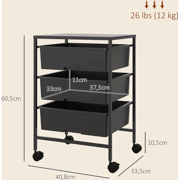 HOMCOM Servierwagen mit Rädern, 3-Lagerkörben und Stahlrahmen, (Rollwagen, 1 St, Aufbewahrungswagen), für Küche, Wohnzimmer, 40,8 x 33,5 x 60,5 cm, Schwarz – Bild 7
