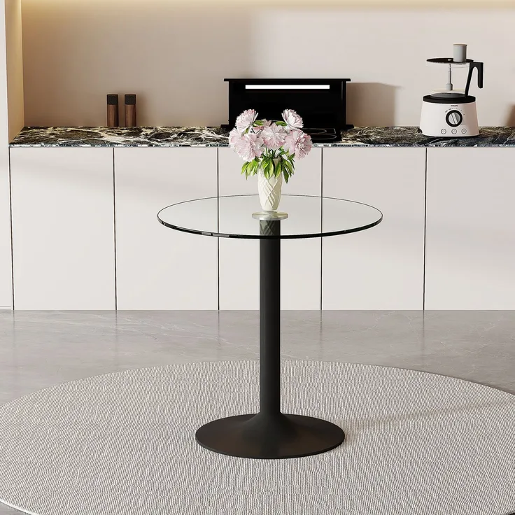 Bartisch 92*89*89 cm mit transparenter Glasplatte und schwarzem Metallgestell