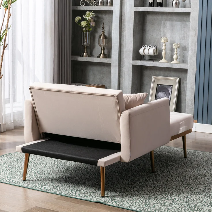LVHOM Klappsofa mit Schlaffunktion, Schlafsofa Samtbezug mit goldenen Metallbeine, Klappbett Bettsofa Bettcouch, Chaiselounge, Beige – Bild 9