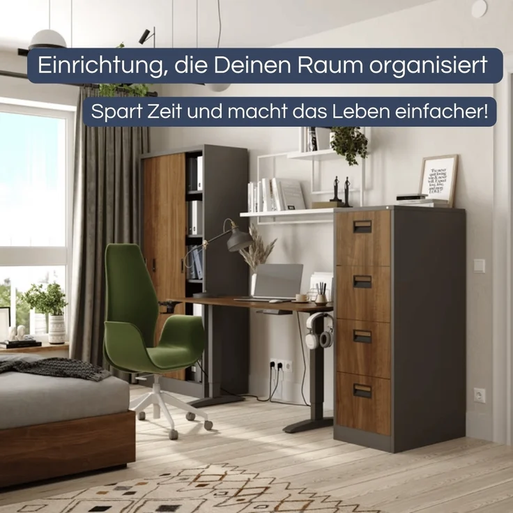 Aktenschrank abschließbar ROLF - Schiebetüren, 5 Ebenen | Büroschrank aus Stahl Metallschrank Werkstatt Mehrzweckschrank Werkzeugschrank, 185x90x40cm Anthrazit-Nussbaum – Bild 3