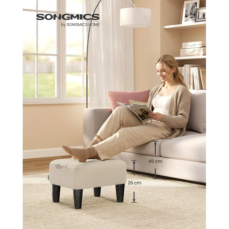 SONGMICS Fußhocker, Leinenimitat, Hocker klein, Dicke Polsterung, bis 150 kg belastbar, für Wohnzimmer Schlafzimmer Eingangsbereich, sandbeige-tintenschwarz LOM502LF01 – Bild 2