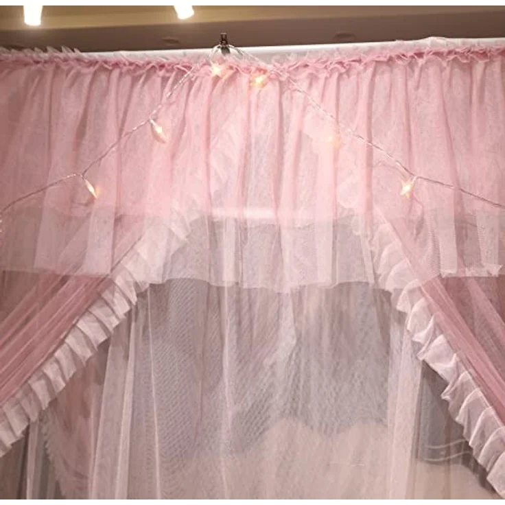 VETHIN 4 Ecken Pfosten Rüschen Prinzessin Bett Baldachin Vorhang, 4 Öffnungen Moskitonetz für Mädchen Erwachsene Schlafzimmer Dekoration (Rosa/Weiß, 162.6 cm Bx208.3 cm Lx208.3 cm H) Queen – Bild 8